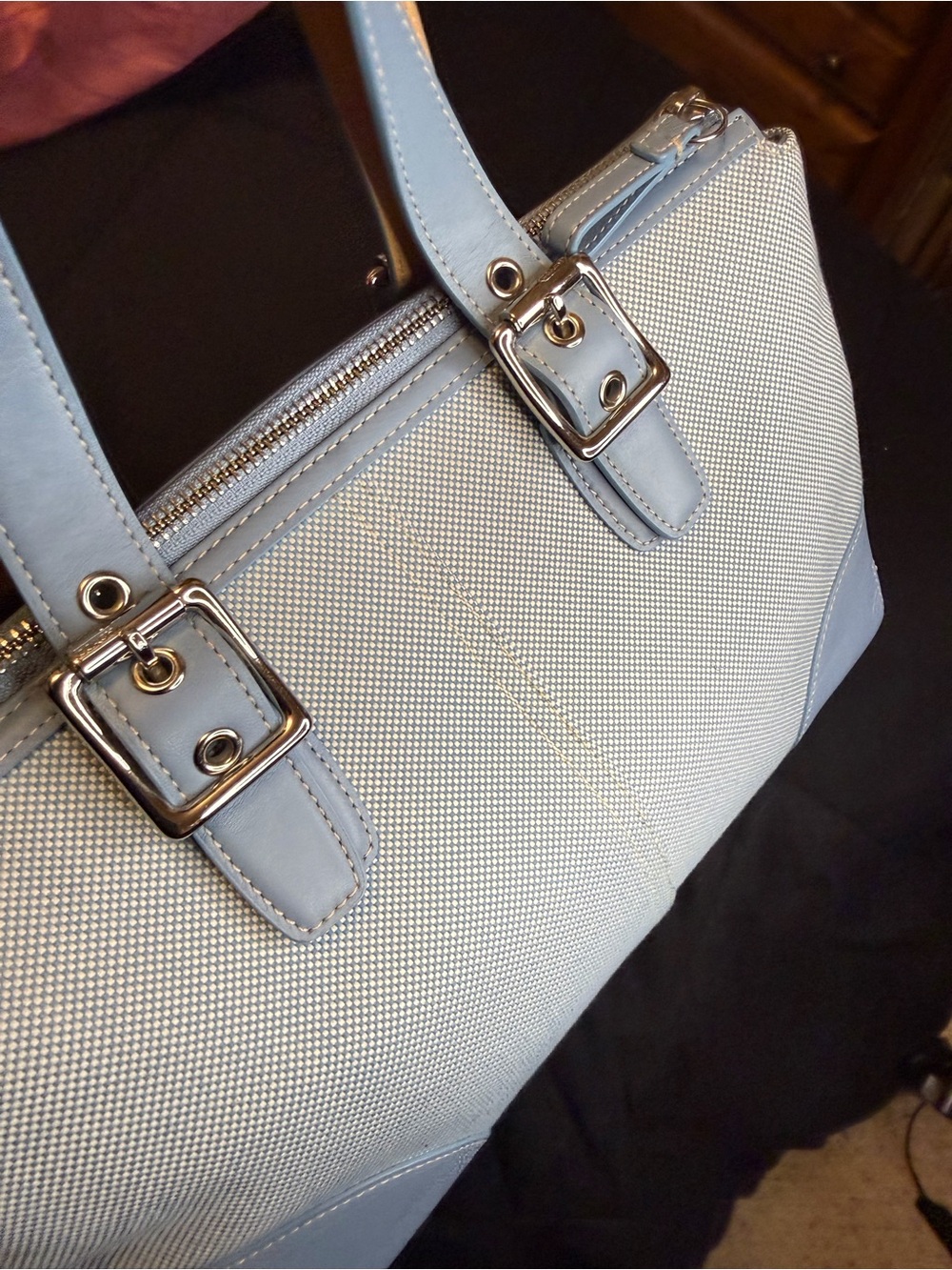 Coach Hamptons Vintage Canvas & Leather Tote Bag Y2K Baby Blue Zip Top #1842 - Picture 15 of 16